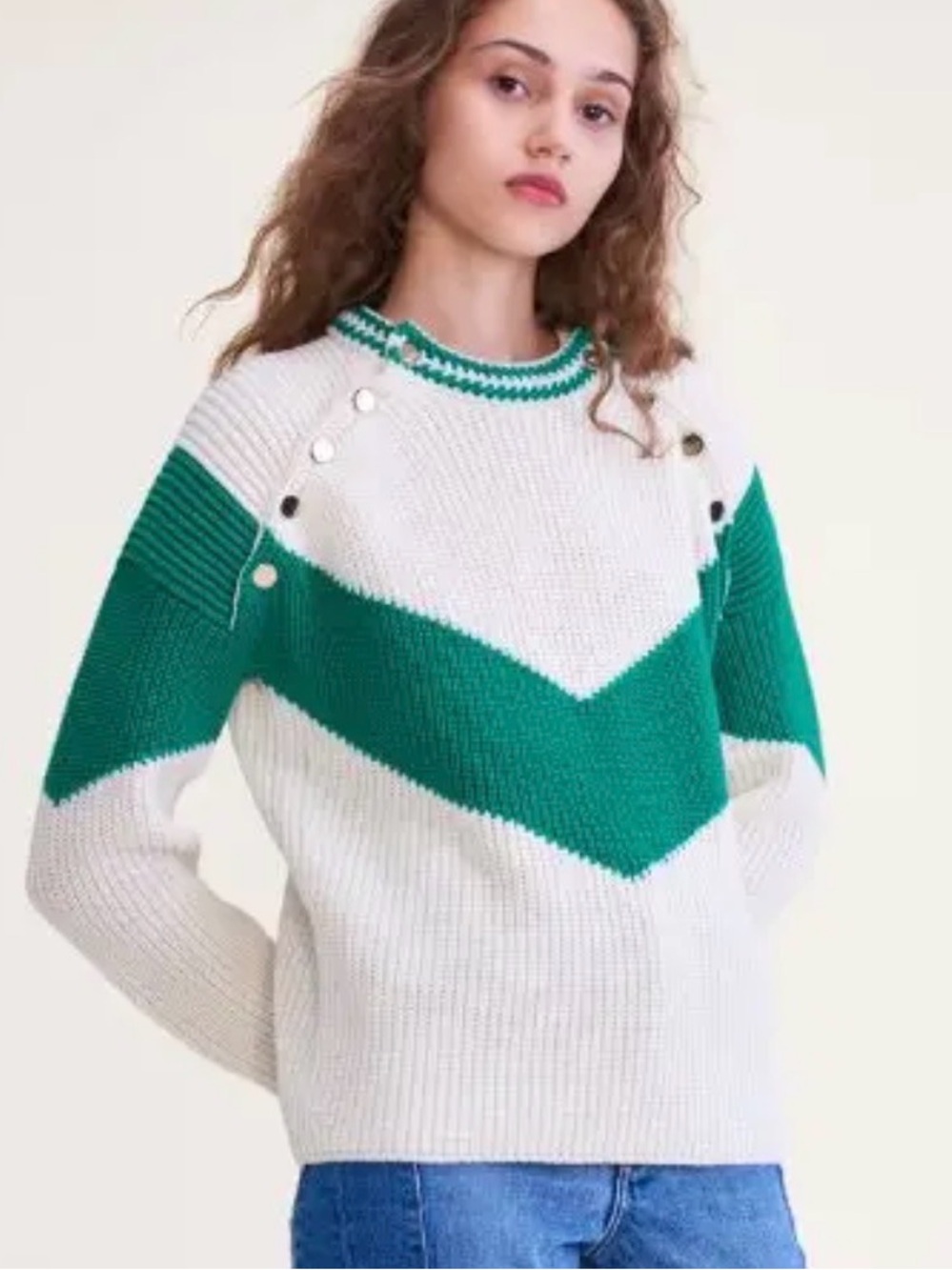 Maje Mariana Chevron Wool Knit Pullover Sweater Cream Green Size Small